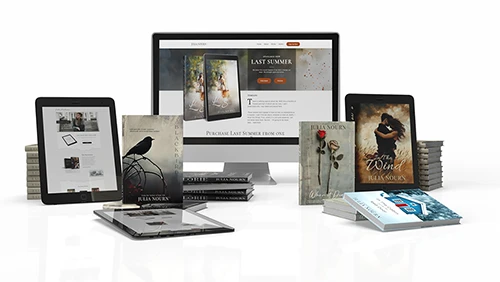 A computer monitor surrounded by books and tablets, representing digital author services.