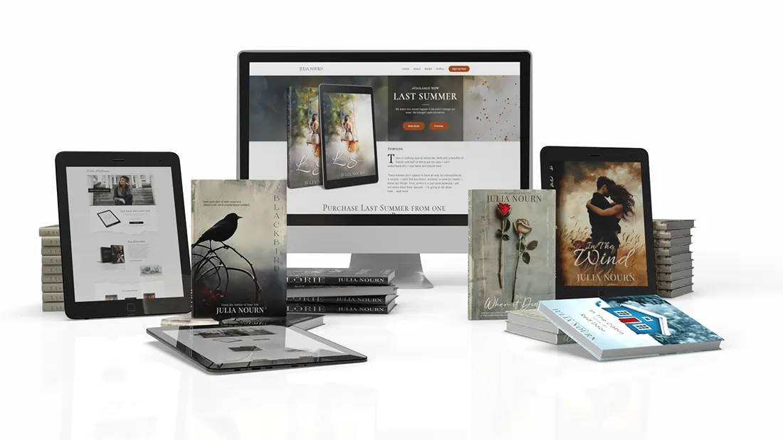 Computer monitors with books and tablets around it, representing the digital services offered by NovusByte.