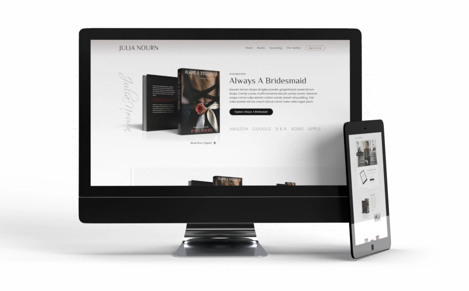 Computer monitor with tablet leaning against it, representing website and web hosting Services for authors.